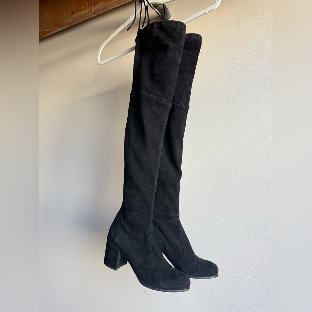 Stuart Weitzman Tieland Thigh High Boots Block Heel Black Suede Leather 9.5